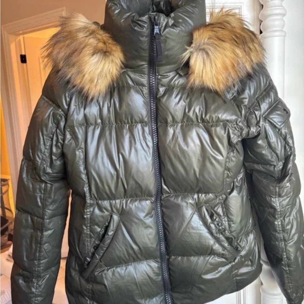 Women's Olive Green Puffer Jacket with Removable Fur Hood